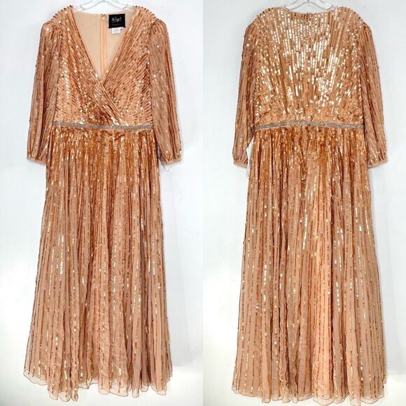 Mac Duggal 5509 Sequin Wrap Over 3/4 Bishop Sleeves Gown, Apricot, Size 16 - Picture 2 of 9